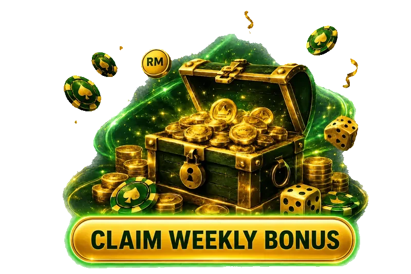 Weekly Reload Bonus Malaysia 2026 treasure chest with gold coins, casino chips and dice